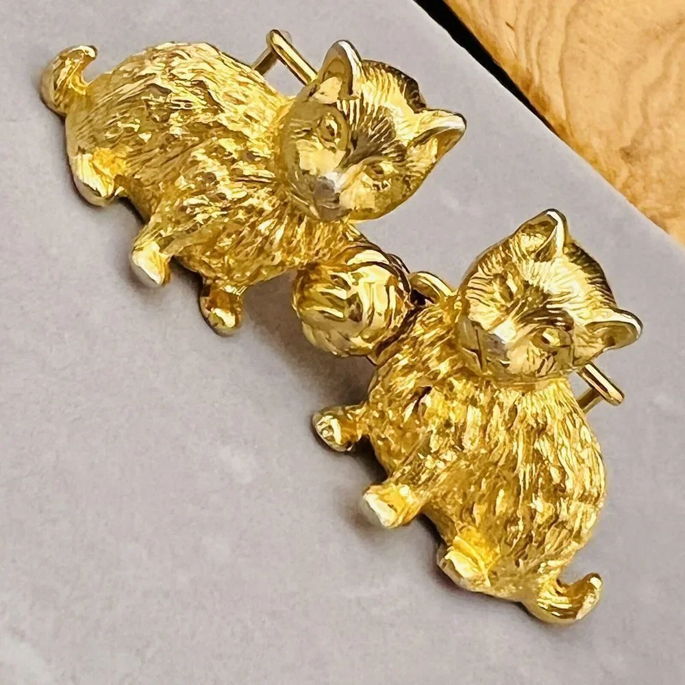Vintage 3D Mimi Di N Gold Tone Double Cat Yarn Belt Buckle Kittiy Kittens 4287